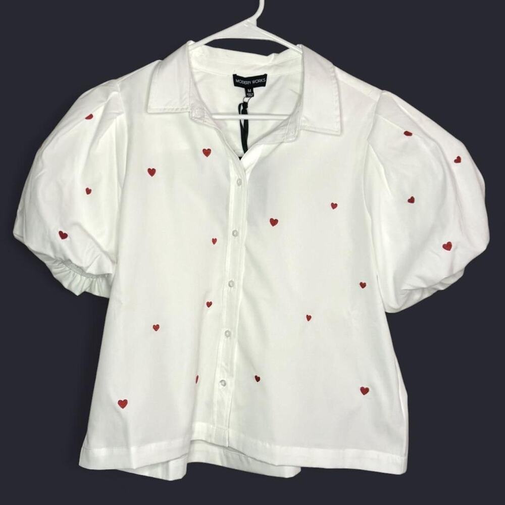 NWT Statement Blouse-Puff Sleeve & Embroidered Heart Pattern